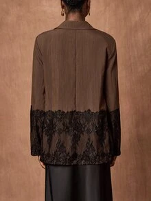 Zivah Women's Elegant Lace Patchwork Button Blazer, Versatile For Commuting And Travel - Brown - View 3