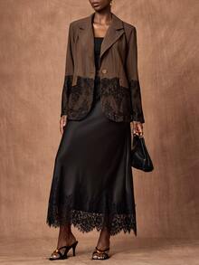 Zivah Women's Elegant Lace Patchwork Button Blazer, Versatile For Commuting And Travel - Brown - View 4