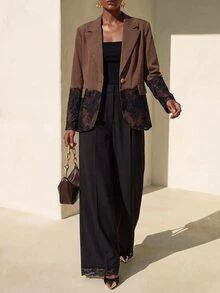 Zivah Women's Elegant Lace Patchwork Button Blazer, Versatile For Commuting And Travel - Brown - View 9