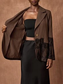 Zivah Women's Elegant Lace Patchwork Button Blazer, Versatile For Commuting And Travel - Brown - View 12