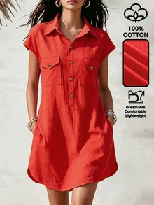 LUMIGAL Women's Loose Orange Red Vacation Dress For Summer Vacation Casual - Red - View 4