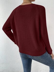LUMIGAL Women's Casual Solid Color V-Neck Raglan Sleeve Sweater, Autumn/Winter - Rose Red - View 2