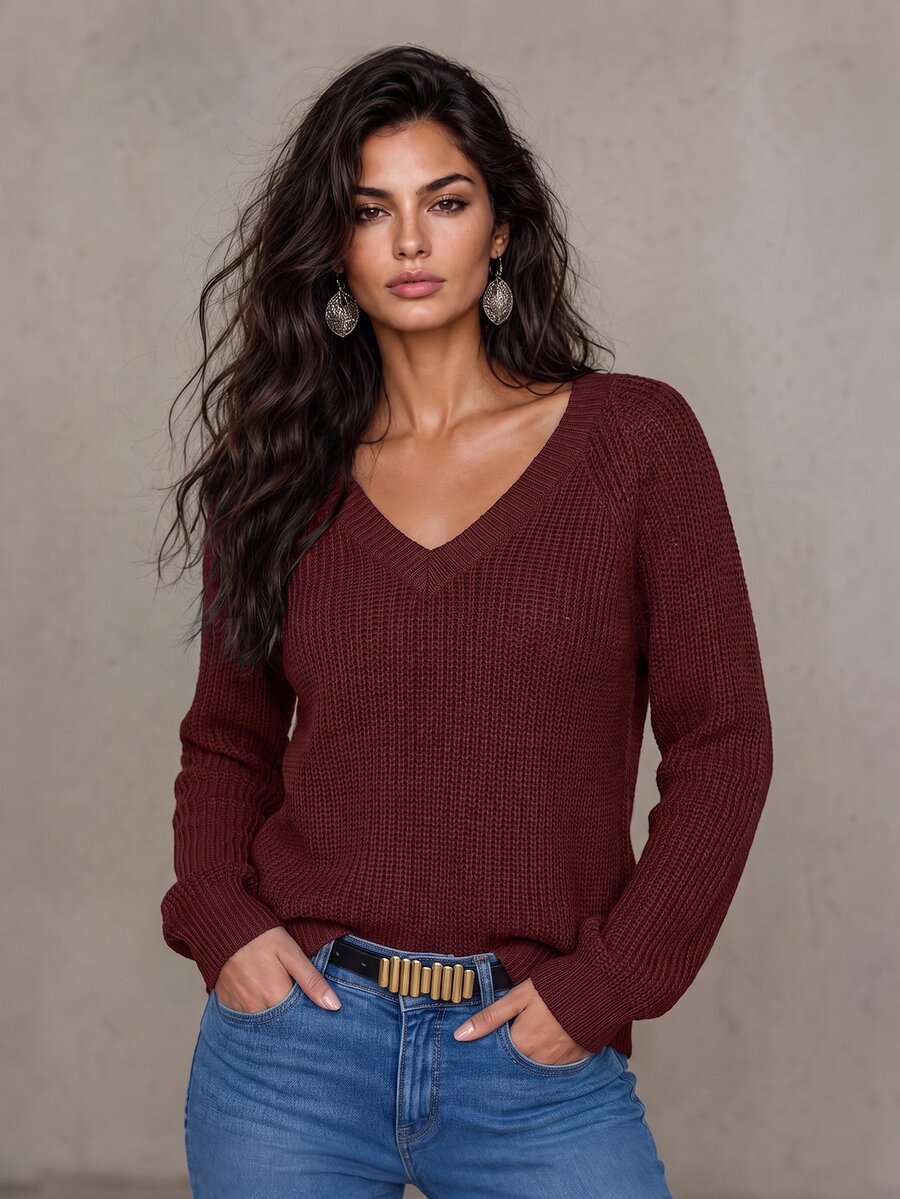 LUMIGAL Women's Casual Solid Color V-Neck Raglan Sleeve Sweater, Autumn/Winter - Rose Red - View 1