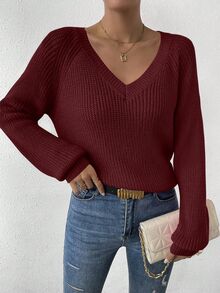 LUMIGAL Women's Casual Solid Color V-Neck Raglan Sleeve Sweater, Autumn/Winter - Rose Red - View 8