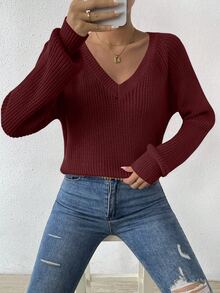LUMIGAL Women's Casual Solid Color V-Neck Raglan Sleeve Sweater, Autumn/Winter - Rose Red - View 6