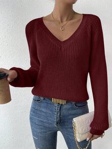 LUMIGAL Women's Casual Solid Color V-Neck Raglan Sleeve Sweater, Autumn/Winter - Rose Red - View 7