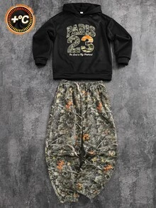 SHEIN 2件組兒童青少年男孩休閒運動數字23圖案連帽衛衣與運動長褲Y2K套裝，適合秋冬校園、家庭聚會，秋季穿搭、冬季穿搭，男孩童裝套裝 - 彩色 - 查看 2
