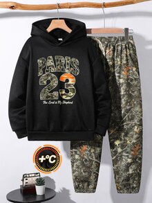 SHEIN 2件組兒童青少年男孩休閒運動數字23圖案連帽衛衣與運動長褲Y2K套裝，適合秋冬校園、家庭聚會，秋季穿搭、冬季穿搭，男孩童裝套裝 - 彩色 - 查看 4