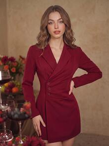 SHEIN MOD Gaun Blazer Burgundy dengan Kancing Asimetris dan Detail Kerutan di Pinggang - Burgundy - View 8