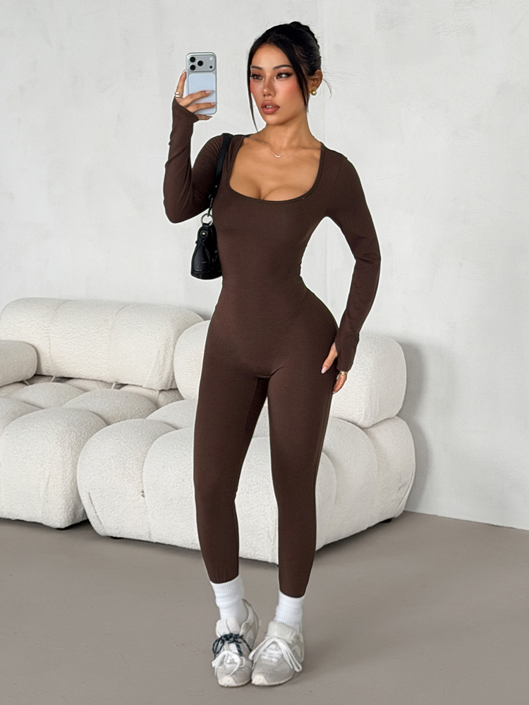 SHEIN PETITE 女款純色方領長袖休閒連身褲 - 咖啡棕 - 查看 9