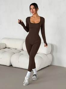 SHEIN PETITE Women's Solid Color Square Neck Long Sleeve Casual Jumpsuit - Coffee Brown - View 11