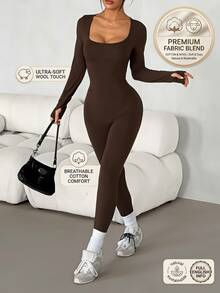 SHEIN PETITE Women's Solid Color Square Neck Long Sleeve Casual Jumpsuit - Coffee Brown - View 4