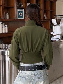 Aidyla Women's Vintage Stand Collar Zip-Up Ribbed Waist Utility Jacket, Autumn/Winter - Army Green - View 2