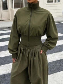 Aidyla Women's Vintage Stand Collar Zip-Up Ribbed Waist Utility Jacket, Autumn/Winter - Army Green - View 1