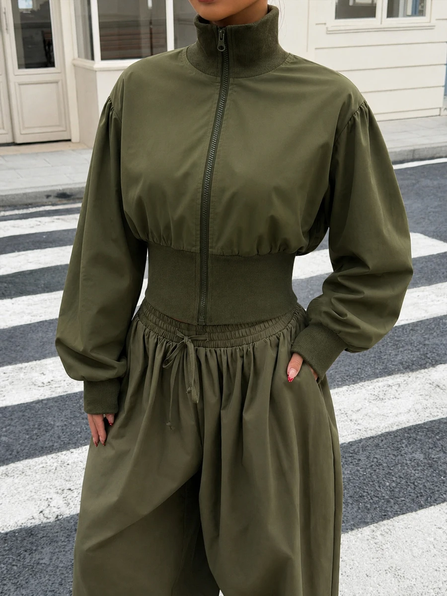 Aidyla Women's Vintage Stand Collar Zip-Up Ribbed Waist Utility Jacket, Autumn/Winter - Army Green - View 1