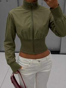 Aidyla Women's Vintage Stand Collar Zip-Up Ribbed Waist Utility Jacket, Autumn/Winter - Army Green - View 4