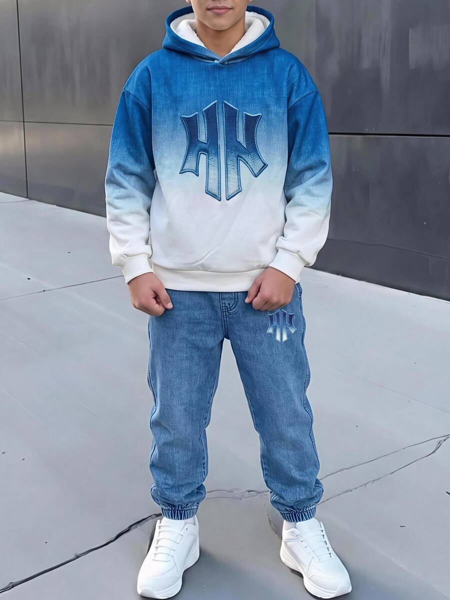 SHEIN 兒童青少年男孩休閒運動風仿丹寧效果連帽衛衣與運動長褲套裝，適合秋冬、學校、家庭聚會、度假、派對，秋季穿搭、冬季穿搭，男孩套裝兒童套裝