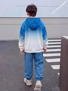 SHEIN 兒童青少年男孩休閒運動風仿丹寧效果連帽衛衣與運動長褲套裝，適合秋冬、學校、家庭聚會、度假、派對，秋季穿搭、冬季穿搭，男孩套裝兒童套裝 - 彩色 - 查看 3