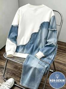 Teen Boys Faux Denim Raw Hem Colorblock Sweatshirt & Cargo Pants Set, Teen Boys Casual Denim Look Autumn Winter Tracksuit,Fall Outfits,Fall Clothes - Blue - View 3