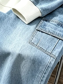 Teen Boys Faux Denim Raw Hem Colorblock Sweatshirt & Cargo Pants Set, Teen Boys Casual Denim Look Autumn Winter Tracksuit,Fall Outfits,Fall Clothes - Blue - View 6