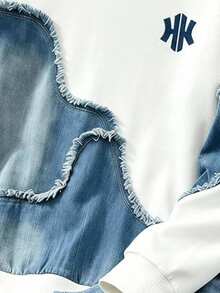 Teen Boys Faux Denim Raw Hem Colorblock Sweatshirt & Cargo Pants Set, Teen Boys Casual Denim Look Autumn Winter Tracksuit,Fall Outfits,Fall Clothes - Blue - View 4