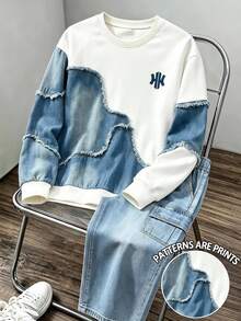 Teen Boys Faux Denim Raw Hem Colorblock Sweatshirt & Cargo Pants Set, Teen Boys Casual Denim Look Autumn Winter Tracksuit,Fall Outfits,Fall Clothes - Blue - View 2