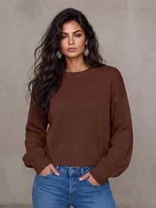 LUMIGAL Sweater Wanita Warna Polos, Sederhana, Kasual, Kerah Bulat, Lengan Panjang, Warna Putih - Coffee Brown - View 1