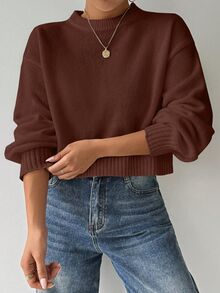 LUMIGAL Sweater Wanita Warna Polos, Sederhana, Kasual, Kerah Bulat, Lengan Panjang, Warna Putih - Coffee Brown - View 8
