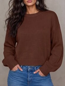 LUMIGAL Sweater Wanita Warna Polos, Sederhana, Kasual, Kerah Bulat, Lengan Panjang, Warna Putih - Coffee Brown - View 4