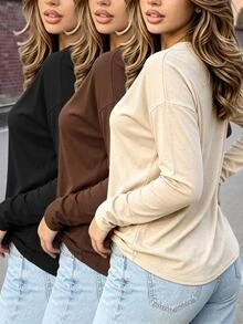 INAWLY Women's Solid Color Round Neck Drop Shoulder Long Sleeve Casual T-Shirt - Multicolor - View 3