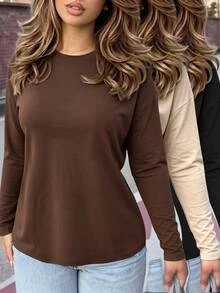 INAWLY Women's Solid Color Round Neck Drop Shoulder Long Sleeve Casual T-Shirt - Multicolor - View 2