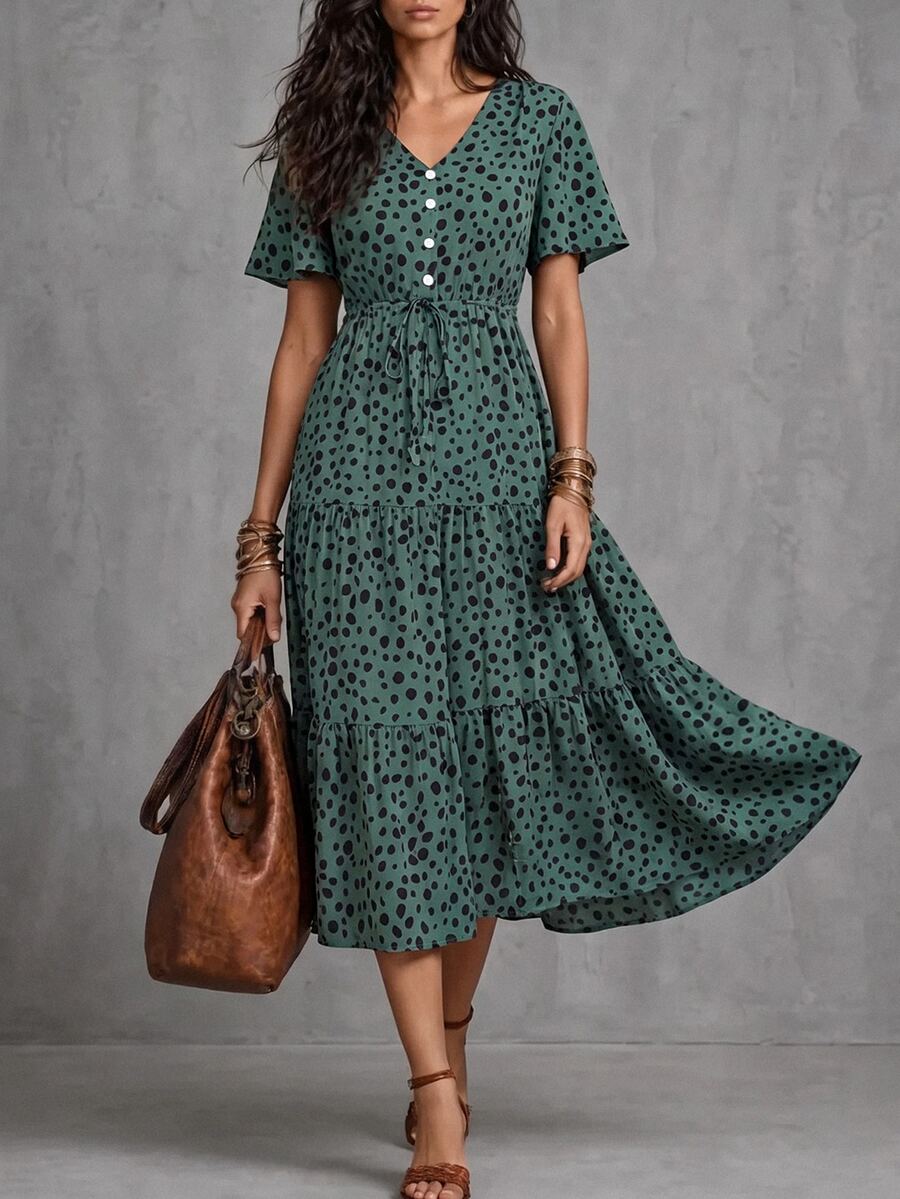 LUMIGAL Dalmatian Print Knot Front Ruffle Hem Dress Maxi Women Outfit - Dark Green - View 1