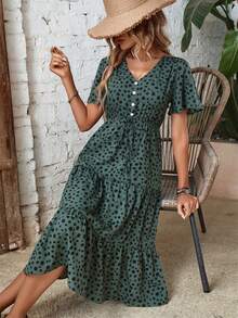 LUMIGAL Dalmatian Print Knot Front Ruffle Hem Dress Maxi Women Outfit - Dark Green - View 7