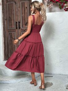LUMIGAL Solid Frill Trim Cami Dress Maxi Women Outfit Summer - Burgundy - View 2
