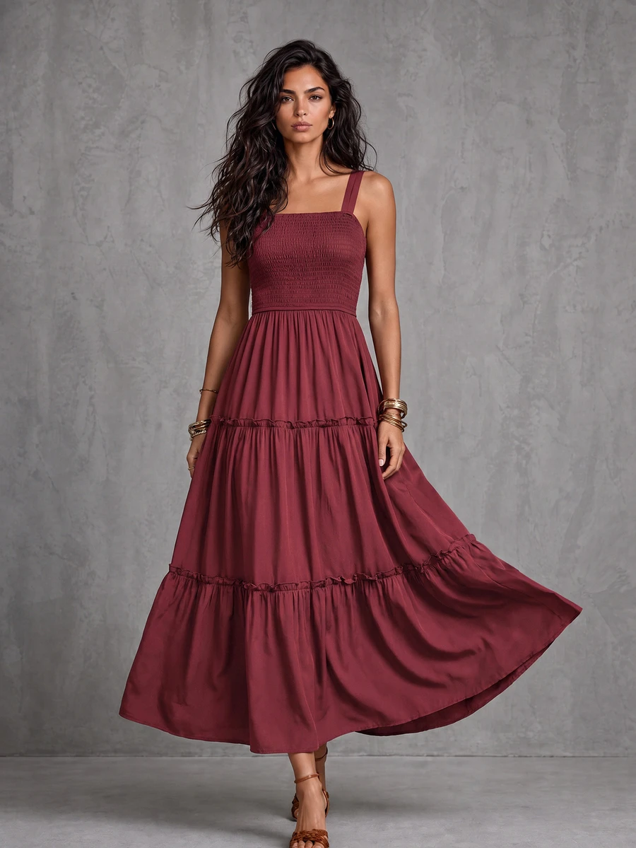 LUMIGAL Solid Frill Trim Cami Dress Maxi Women Outfit Summer - Burgundy - View 1