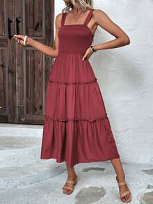 LUMIGAL Solid Frill Trim Cami Dress Maxi Women Outfit Summer - Burgundy - View 5