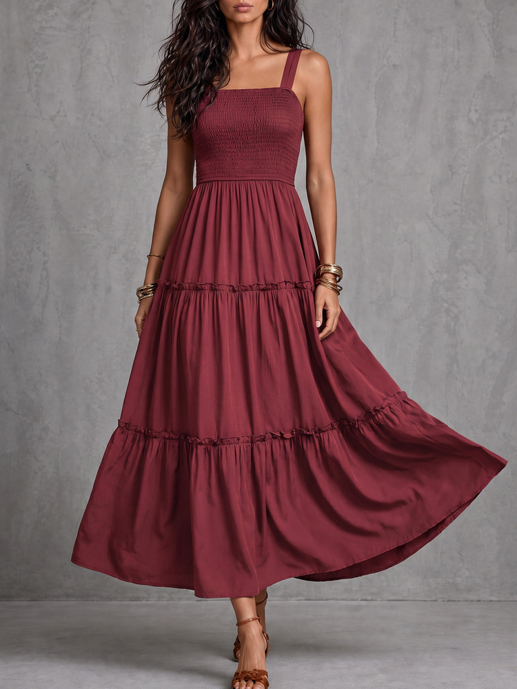 LUMIGAL Solid Frill Trim Cami Dress Maxi Women Outfit Summer - Burgundy - View 4