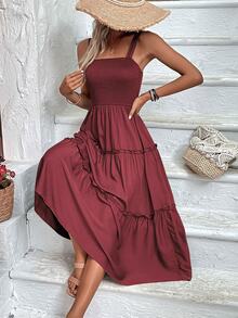 LUMIGAL Solid Frill Trim Cami Dress Maxi Women Outfit Summer - Burgundy - View 3
