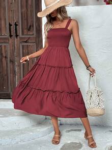 LUMIGAL Solid Frill Trim Cami Dress Maxi Women Outfit Summer - Burgundy - View 6