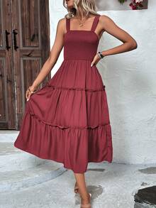 LUMIGAL Solid Frill Trim Cami Dress Maxi Women Outfit Summer - Burgundy - View 7