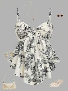 LUMIGAL Women's Textured Print Cinched Waist Camisole, Elegant For Vacation, Commute And Everyday Wear - Khaki - View 3