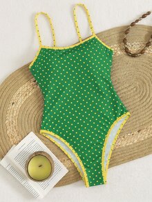 SHEIN Swim 春夏新款歐美風一件式性感三點高衩三角比基尼，海洋生物印花、對比滾邊、小胸托高、雙肩帶，甜美清新顯瘦泳衣套裝，適合女款與女孩，適用溫泉、海邊度假、生日派對 - 彩色 - 查看 3