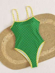 SHEIN Swim 春夏新款歐美風一件式性感三點高衩三角比基尼，海洋生物印花、對比滾邊、小胸托高、雙肩帶，甜美清新顯瘦泳衣套裝，適合女款與女孩，適用溫泉、海邊度假、生日派對 - 彩色 - 查看 4