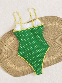 SHEIN Swim 春夏新款歐美風一件式性感三點高衩三角比基尼，海洋生物印花、對比滾邊、小胸托高、雙肩帶，甜美清新顯瘦泳衣套裝，適合女款與女孩，適用溫泉、海邊度假、生日派對 - 彩色 - 查看 2