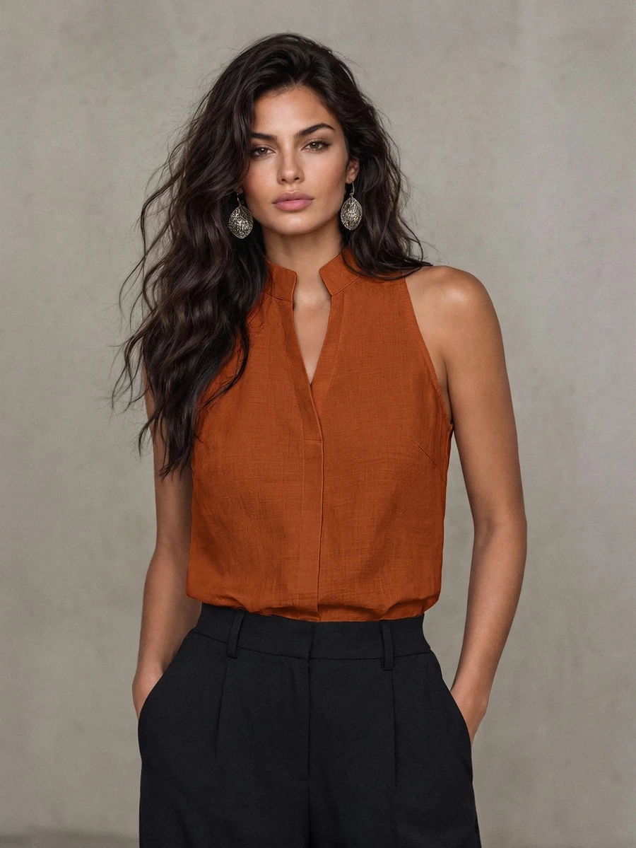 LUMIGAL Women's Sleeveless Mandarin Collar Linen-Like Tank Top, Versatile And Slimming For Commuting - Rust Brown - View 1