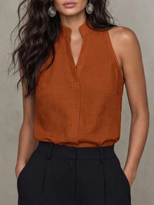 LUMIGAL Women's Sleeveless Mandarin Collar Linen-Like Tank Top, Versatile And Slimming For Commuting - Rust Brown - View 3