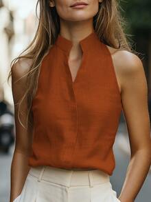 LUMIGAL Women's Sleeveless Mandarin Collar Linen-Like Tank Top, Versatile And Slimming For Commuting - Rust Brown - View 5