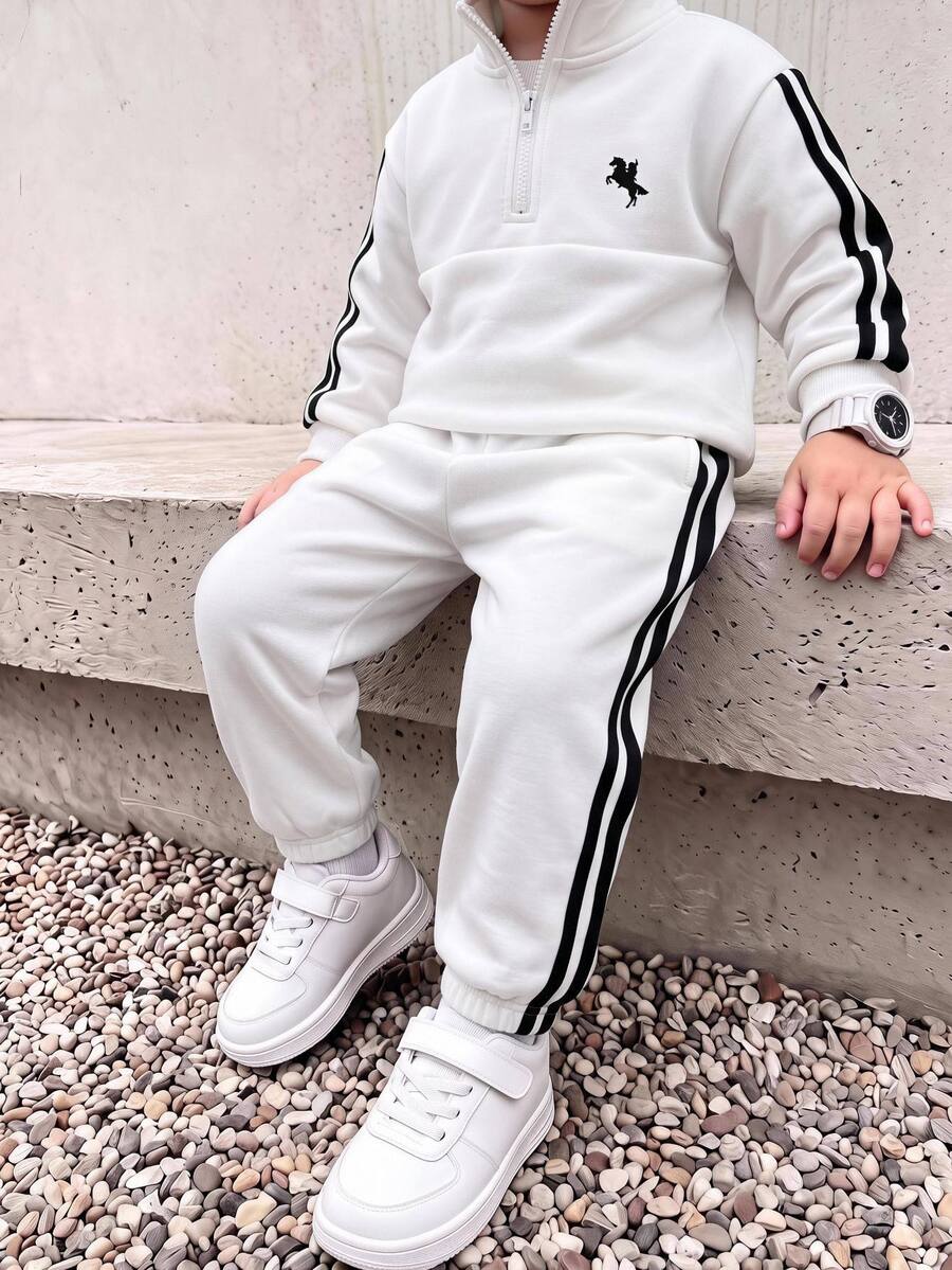 SHEIN 兒童 2件/套 幼兒男童休閒服-立領套頭連帽衛衣與保暖內裡秋季長褲,生日、開學首日、Glamorique Kids、節日 - 米色 - 查看 1