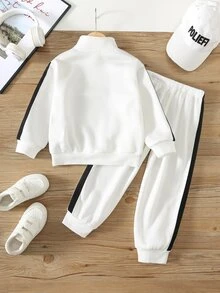 SHEIN 兒童男童休閒 2件組－立領套頭連帽衛衣與保暖內裡秋季長褲 - 米色 - 查看 5