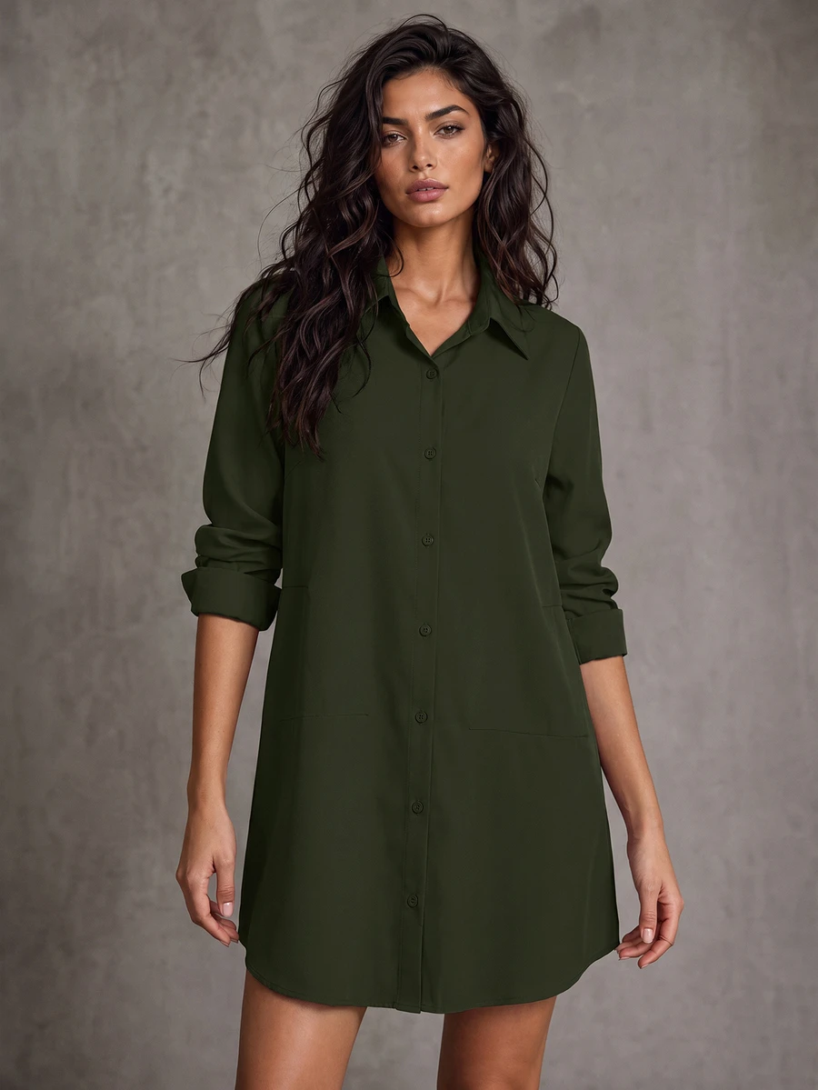 LUMIGAL Women's Casual Solid Color Mid-Length Shirt, Spring Autumn,Long Sleeve Tops Fall Cloth For Women - Army Green - View 1